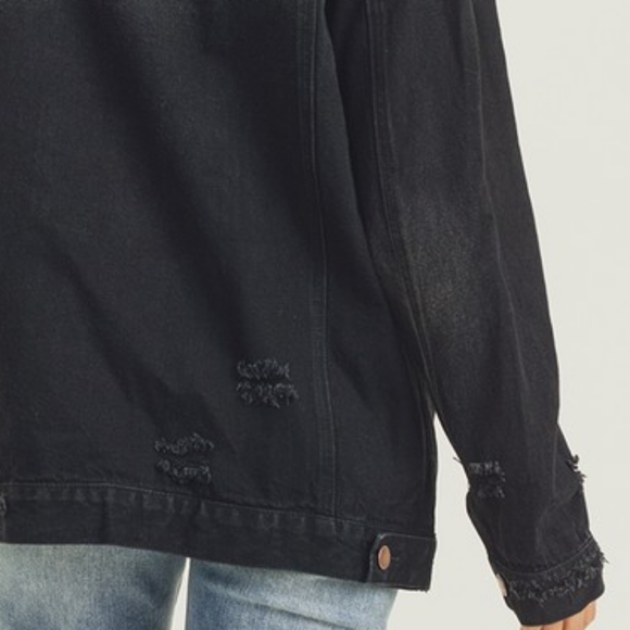 RISEN Distressed Cotton Torn Denim Jean Jacket Long Sleeve Black Button Collar - Picture 16 of 16